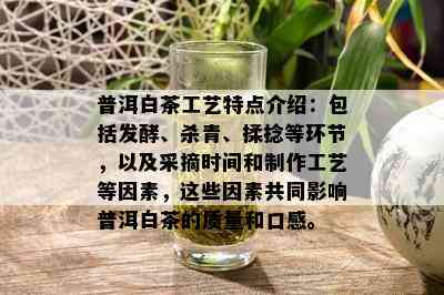 普洱白茶工艺特点介绍：包括发酵、杀青、揉捻等环节，以及采摘时间和制作工艺等因素，这些因素共同影响普洱白茶的质量和口感。