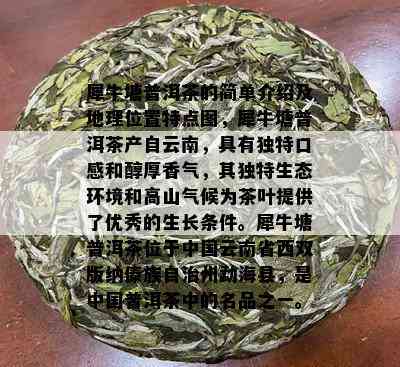 犀牛塘普洱茶的简单介绍及地理位置特点图，犀牛塘普洱茶产自云南，具有独特口感和醇厚香气，其独特生态环境和高山气候为茶叶提供了优秀的生长条件。犀牛塘普洱茶位于中国云南省西双版纳傣族自治州勐海县，是中国普洱茶中的名品之一。