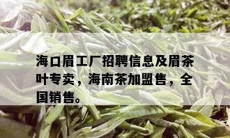 海口眉工厂招聘信息及眉茶叶专卖，海南茶加盟售，全国销售。