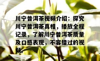 川宁普洱茶视频介绍：探究川宁普洱茶真相，播放全程记录，了解川宁普洱茶质量及口感表现，不容错过的视频。