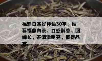 福鼎白茶好评语30字：推荐福鼎白茶，口感醇香，回绵长，茶清澈明亮，值得品尝。