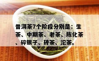 普洱茶7个阶段分别是：生茶、中期茶、老茶、陈化茶、碎银子、砖茶、沱茶。