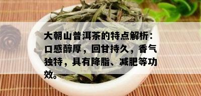 大朝山普洱茶的特点解析：口感醇厚，回甘持久，香气独特，具有降脂、减肥等功效。