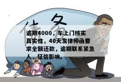 逾期4000，车上门核实真实性，40天发律师函要求全额还款，逾期联系紧急人，征信影响。