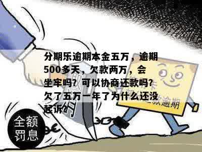 分期乐逾期本金五万，逾期500多天，欠款两万，会坐牢吗？可以协商还款吗？欠了五万一年了为什么还没起诉？