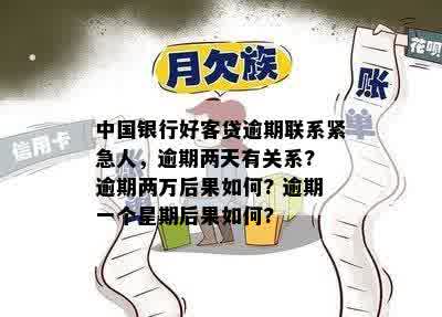 中国银行好客贷逾期联系紧急人，逾期两天有关系? 逾期两万后果如何? 逾期一个星期后果如何?