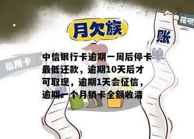 中信银行卡逾期一周后停卡更低还款，逾期10天后才可取现，逾期1天会征信，逾期一个月销卡全额收清