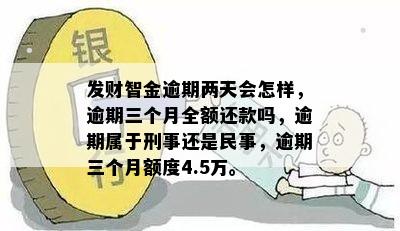 发财智金逾期两天会怎样，逾期三个月全额还款吗，逾期属于刑事还是民事，逾期三个月额度4.5万。