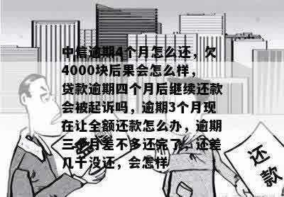 中信逾期4个月怎么还，欠4000块后果会怎么样，贷款逾期四个月后继续还款会被起诉吗，逾期3个月现在让全额还款怎么办，逾期三个月差不多还完了，还差几千没还，会怎样