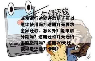 浦发银行逾期还款后还可以继续使用吗？逾期几天要求全额还款，怎么办？能申请分期吗？逾期还款几天违约金能撤销吗？逾期20天还款以后还能开卡吗？