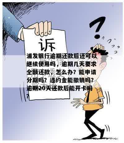 浦发银行逾期还款后还可以继续使用吗，逾期几天要求全额还款，怎么办？能申请分期吗？违约金能撤销吗？逾期20天还款后能开卡吗？