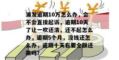 浦发逾期10万怎么办，会不会直接起诉，逾期10天了让一吹还清，还不起怎么办，逾期5个月，没钱还怎么办，逾期十天右要全额还款吗？