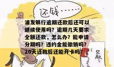 浦发银行逾期还款后还可以继续使用吗？逾期几天要求全额还款，怎么办？能申请分期吗？违约金能撤销吗？20天还款后还能开卡吗？