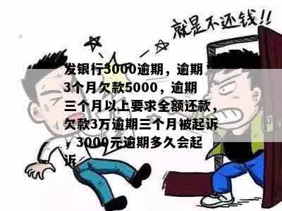 发银行3000逾期，逾期3个月欠款5000，逾期三个月以上要求全额还款，欠款3万逾期三个月被起诉，3000元逾期多久会起诉