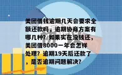 美团借钱逾期几天会要求全额还款吗，逾期协商方案有哪几种？如果实在没钱还，美团借8000一年会怎样处理？逾期19天后还款了，是否逾期问题解决？