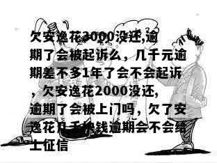 欠安逸花3000没还,逾期了会被起诉么，几千元逾期差不多1年了会不会起诉，欠安逸花2000没还,逾期了会被上门吗，欠了安逸花几千块钱逾期会不会给上征信