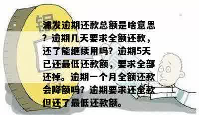 浦发逾期还款总额是啥意思？逾期几天要求全额还款，还了能继续用吗？逾期5天已还更低还款额，要求全部还掉。逾期一个月全额还款会降额吗？逾期要求还全款但还了更低还款额。