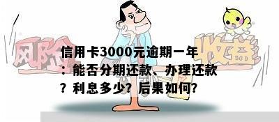 信用卡3000元逾期一年：能否分期还款、办理还款？利息多少？后果如何？