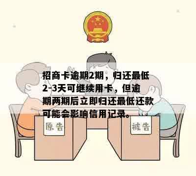 招商卡逾期2期，归还更低2-3天可继续用卡，但逾期两期后立即归还更低还款可能会影响信用记录。