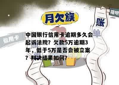 中国银行信用卡逾期多久会起诉法院？欠款5万逾期3年，低于5万是否会被立案？判决结果如何？