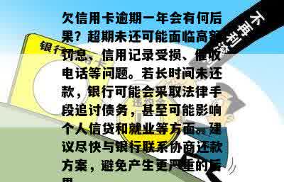 欠信用卡逾期一年会有何后果？超期未还可能面临高额罚息、信用记录受损、催收电话等问题。若长时间未还款，银行可能会采取法律手段追讨债务，甚至可能影响个人信贷和就业等方面。建议尽快与银行联系协商还款方案，避免产生更严重的后果。