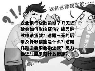 农业银行贷款逾期了几天还款会如何影响征信？能否继续申请贷款？逾期一天的后果及补救措施是什么？逾期几期会要求全额还款？无力偿还时应采取什么措施？