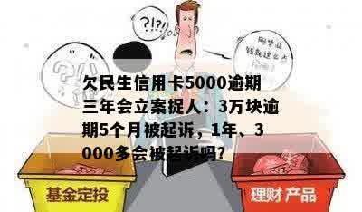 欠民生信用卡5000逾期三年会立案捉人：3万块逾期5个月被起诉，1年、3000多会被起诉吗？