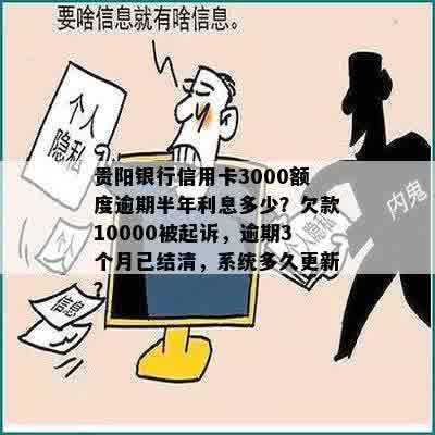 贵阳银行信用卡3000额度逾期半年利息多少？欠款10000被起诉，逾期3个月已结清，系统多久更新？