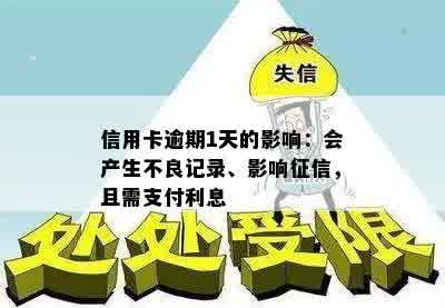 信用卡逾期1天的影响：会产生不良记录、影响征信，且需支付利息