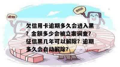 欠信用卡逾期多久会进入黑？金额多少会被立案调查？征信黑几年可以解除？逾期多久会自动解除？