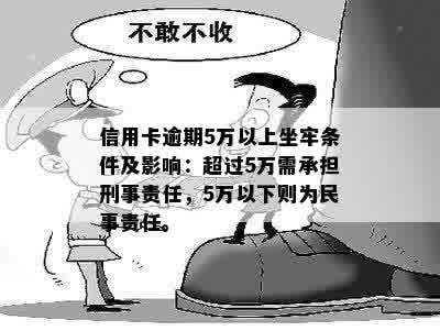 信用卡逾期5万以上坐牢条件及影响：超过5万需承担刑事责任，5万以下则为民事责任。