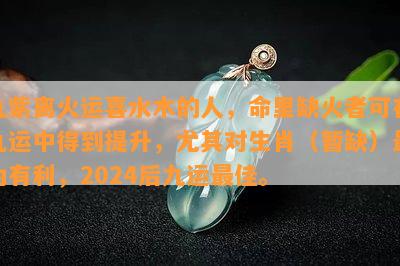 九紫离火运喜水木的人，命里缺火者可在九运中得到提升，尤其对生肖（暂缺）最为有利，2024后九运更佳。